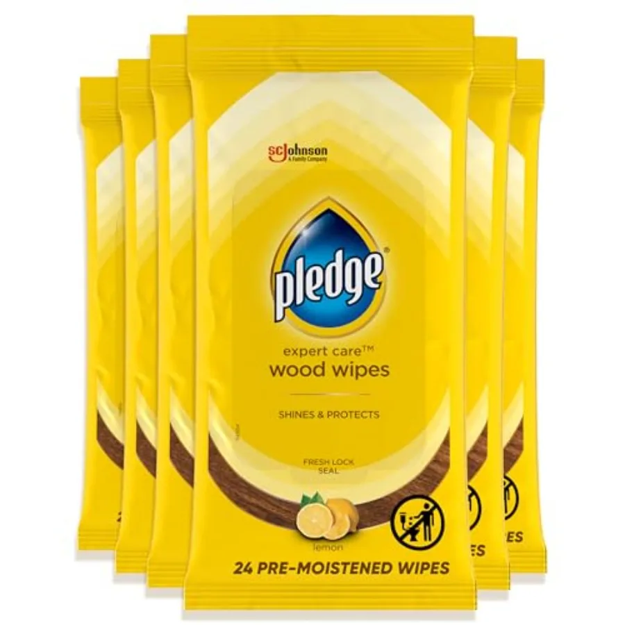

Pledge Expert Care Enhancing Wood Wipes Lemon Scent Pack of 6 144 Total Count Yellow