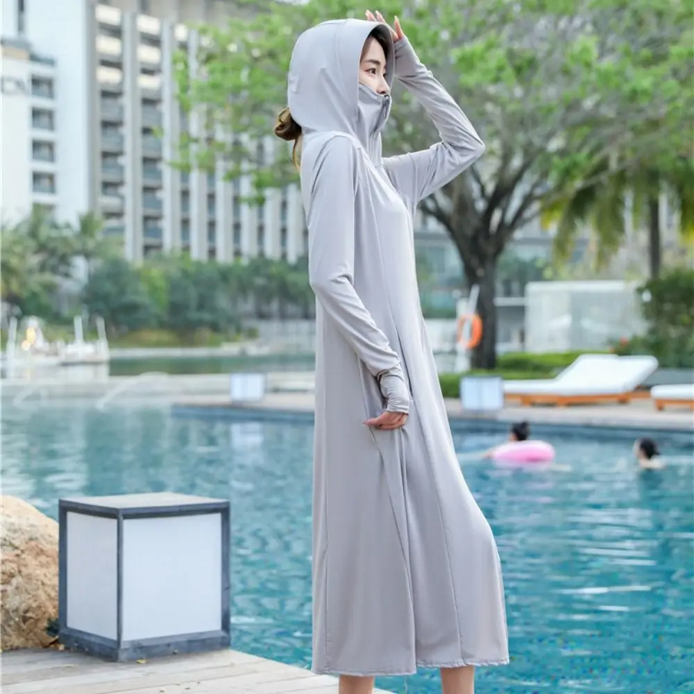 Bequemer Eis Seide Sonnenschutz langer Mantel Kapuze atmungsaktive Sonnencreme lange Jacke Hut schnell trocknen Anti-UV-Kleid Sommer