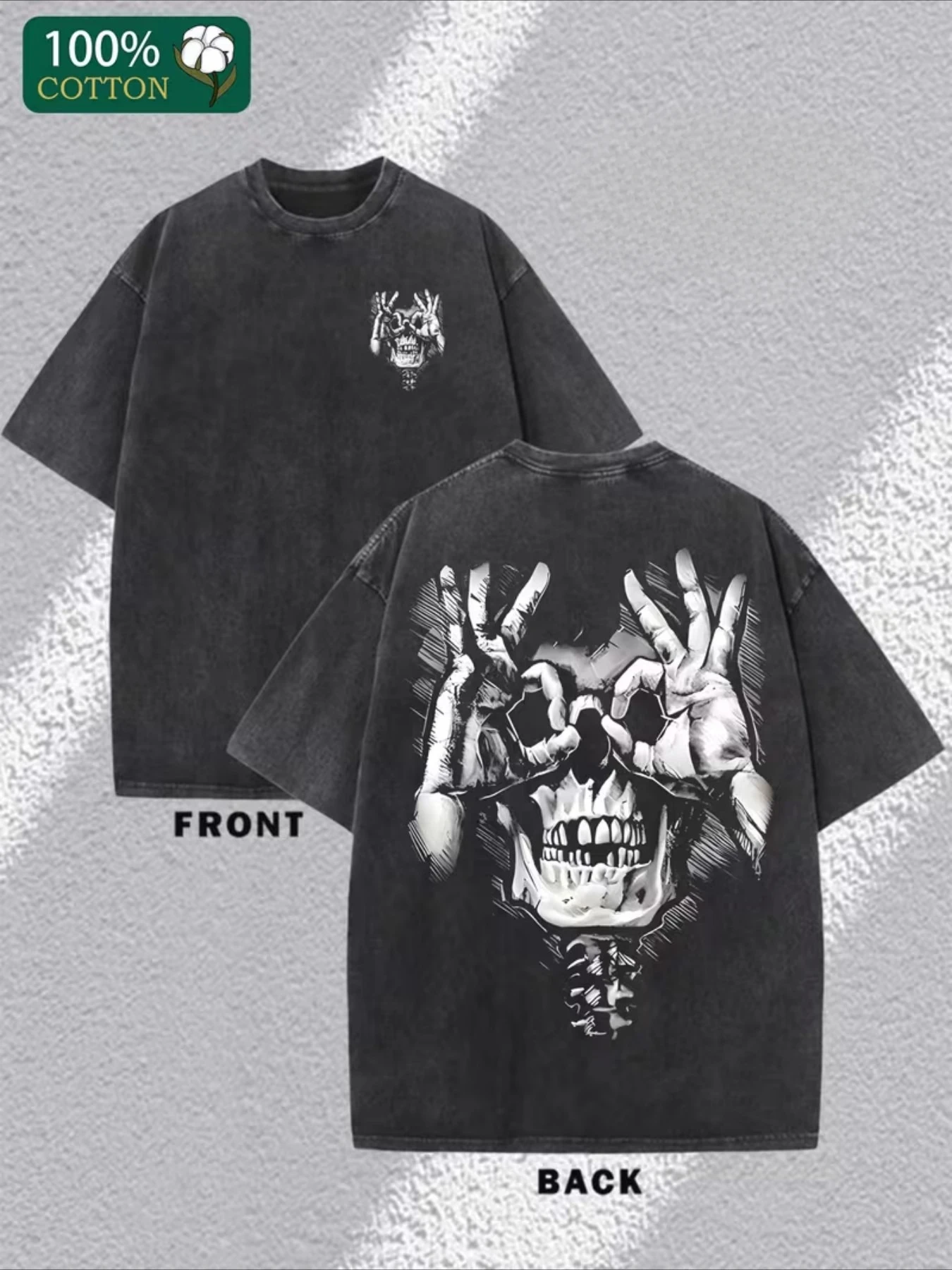 Father And Son Outfits 100 Black T Shirt with Skull And Hands Design Front And Back Print Oversized Streetwear Graphic Tee And Teenager Casual Fashion Top, For Teenager