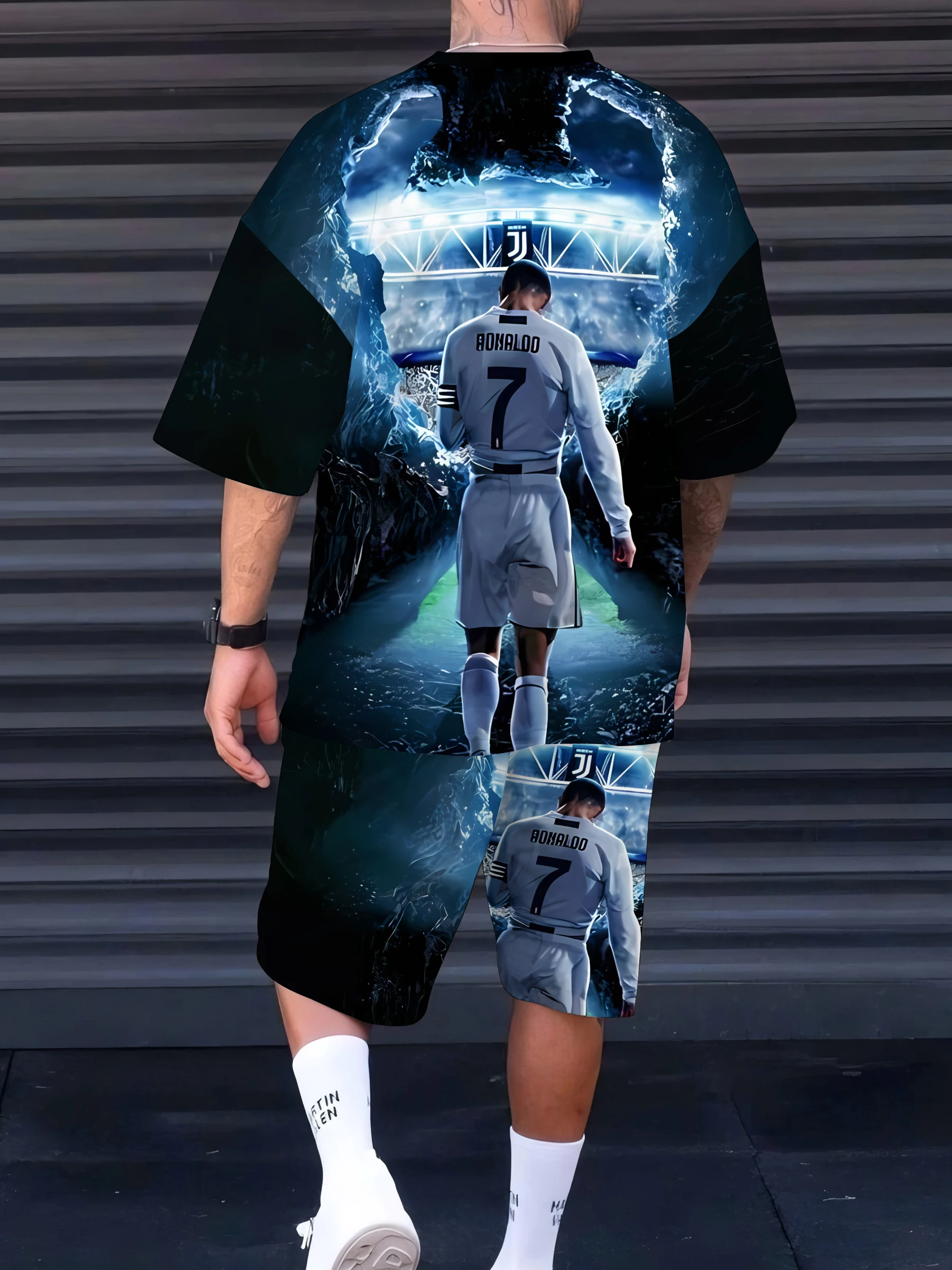 Set kaus sepak bola modis pria baru musim panas 2025 pakaian olahraga kasual dan modis bermotif 3D