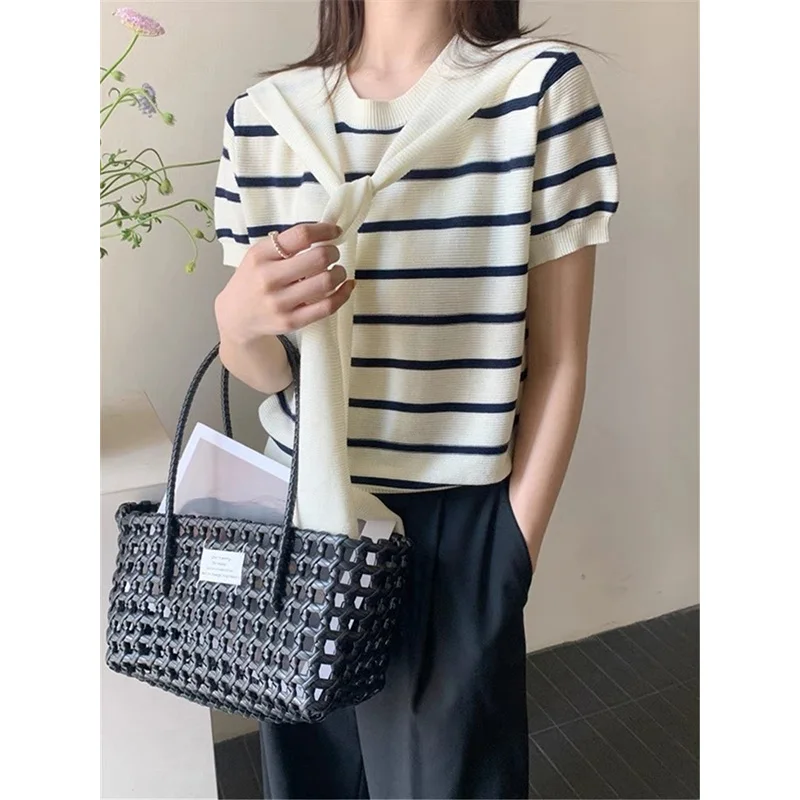 

Новая летняя полосатая модная шаль на шнуровке, вязаные топы, женская одежда, повседневная свободная футболка с коротким рукавом и круглым вырезом с коротким рукавом