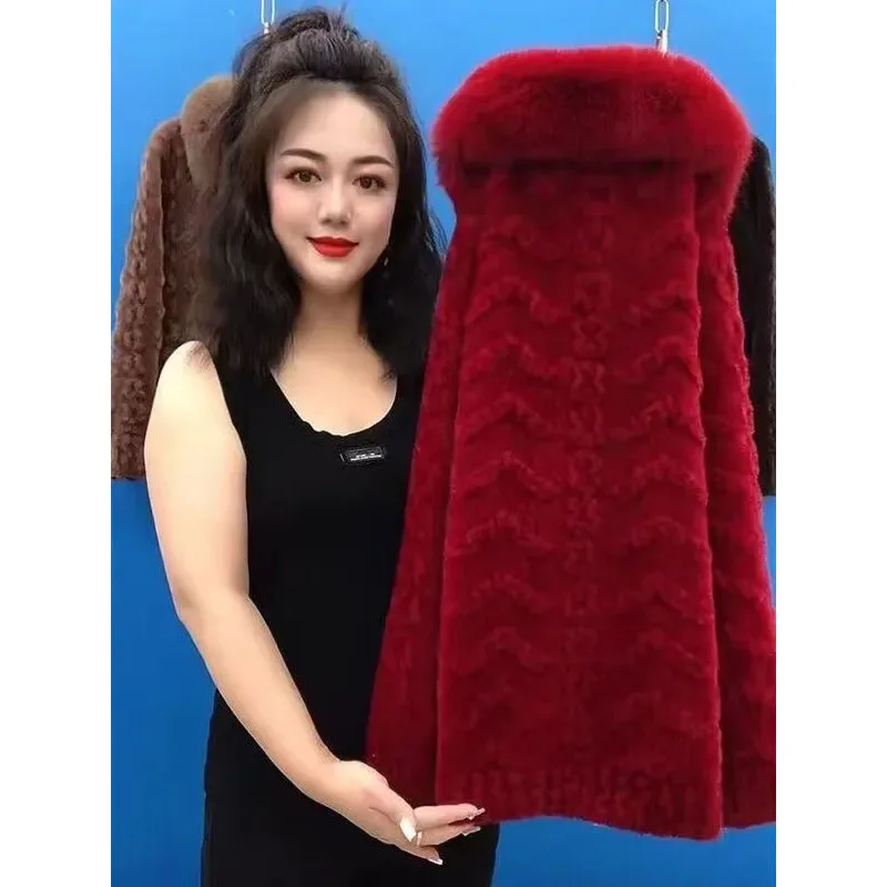 Autumn Winter Mother's Woolen Coat Large Size Imitation Mink Velvet Jacket Women Loose Thicken Zipper Knitted Cardigan Overcoat