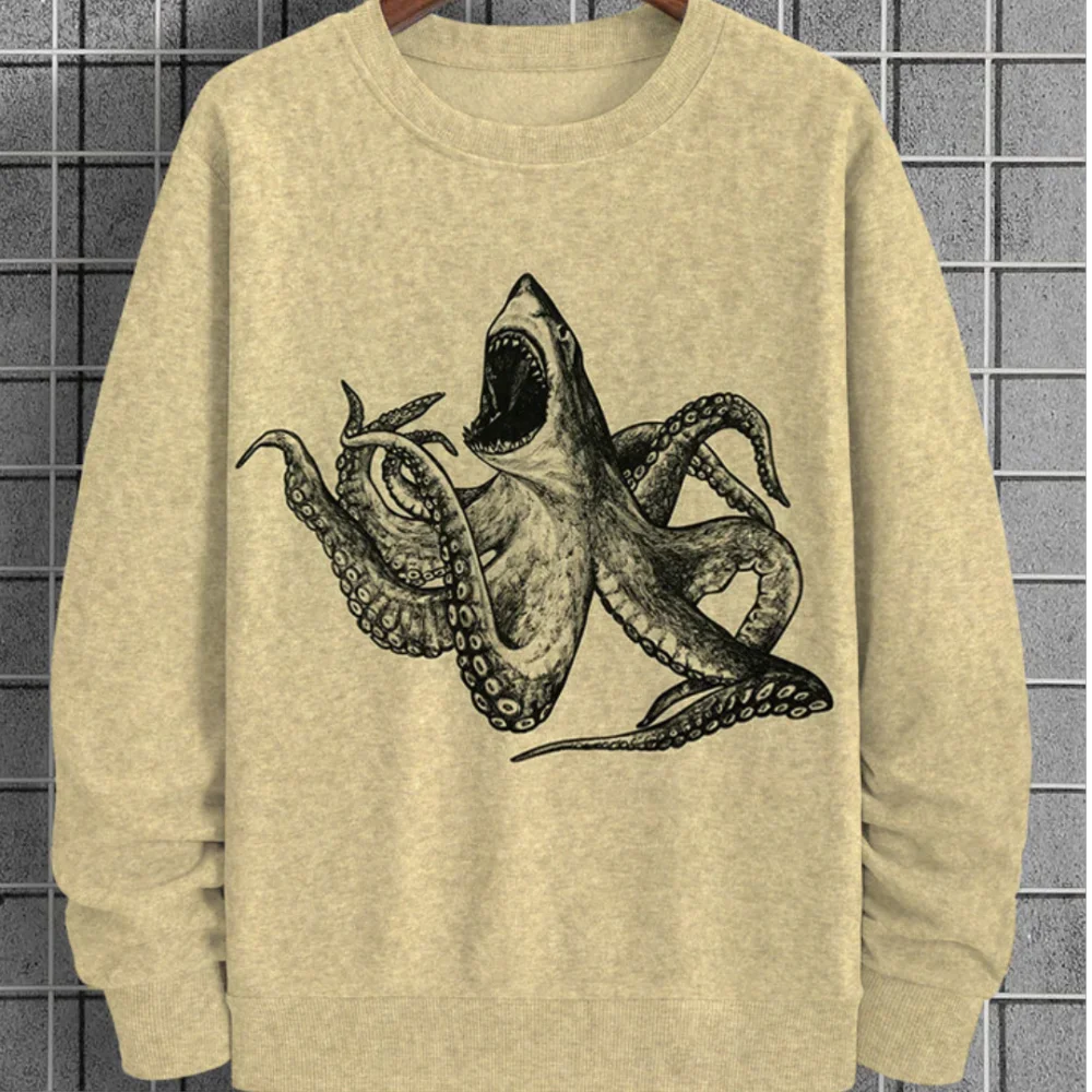 Vintage Mens Hoodies Spring/Autumn Clothing Octopus Pattern Clothing Oversized Long Sleeve Tops Mens Streetwear Sweatshirts