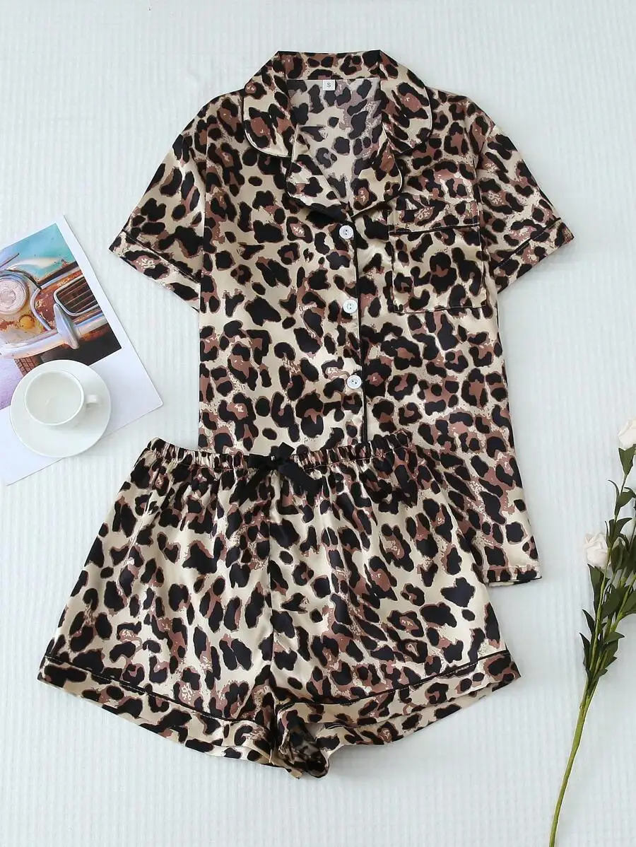 

2-Piece Satin Leopard Print Short Sleeve Pajama Set With Collar And Bowknot Shorts For Women Spring Summer