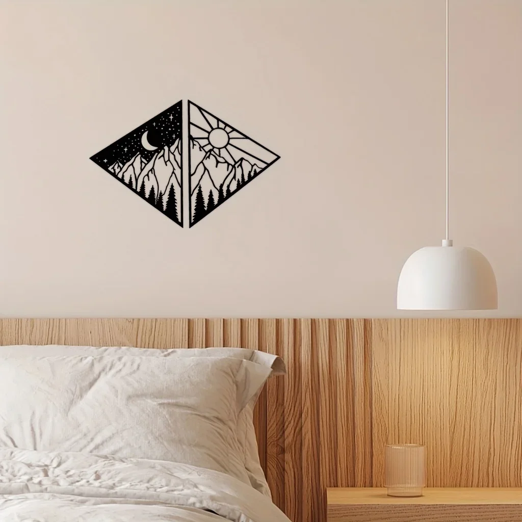 Decoración colgante de pared de Metal para el hogar, decoración de Arte Moderno, sol, luna, montaña, 2 piezas