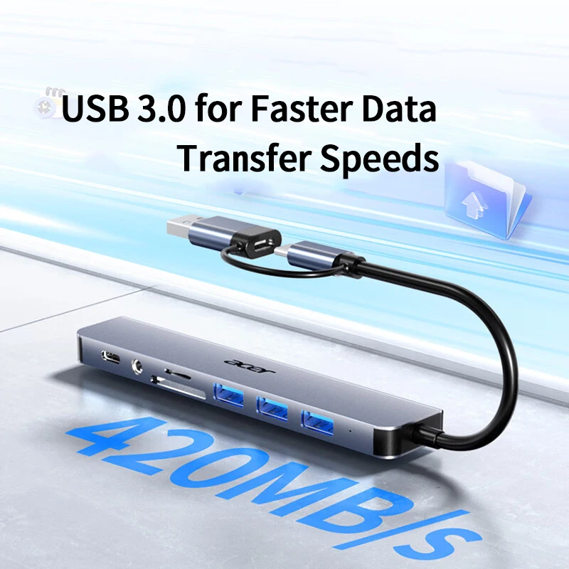 YINDIAOxACER 8 in 2 USB +Type C HUB Docking Station with 3.5mm Audio Micro SD Card Reader Laptop Tablet Phone Disk Converter