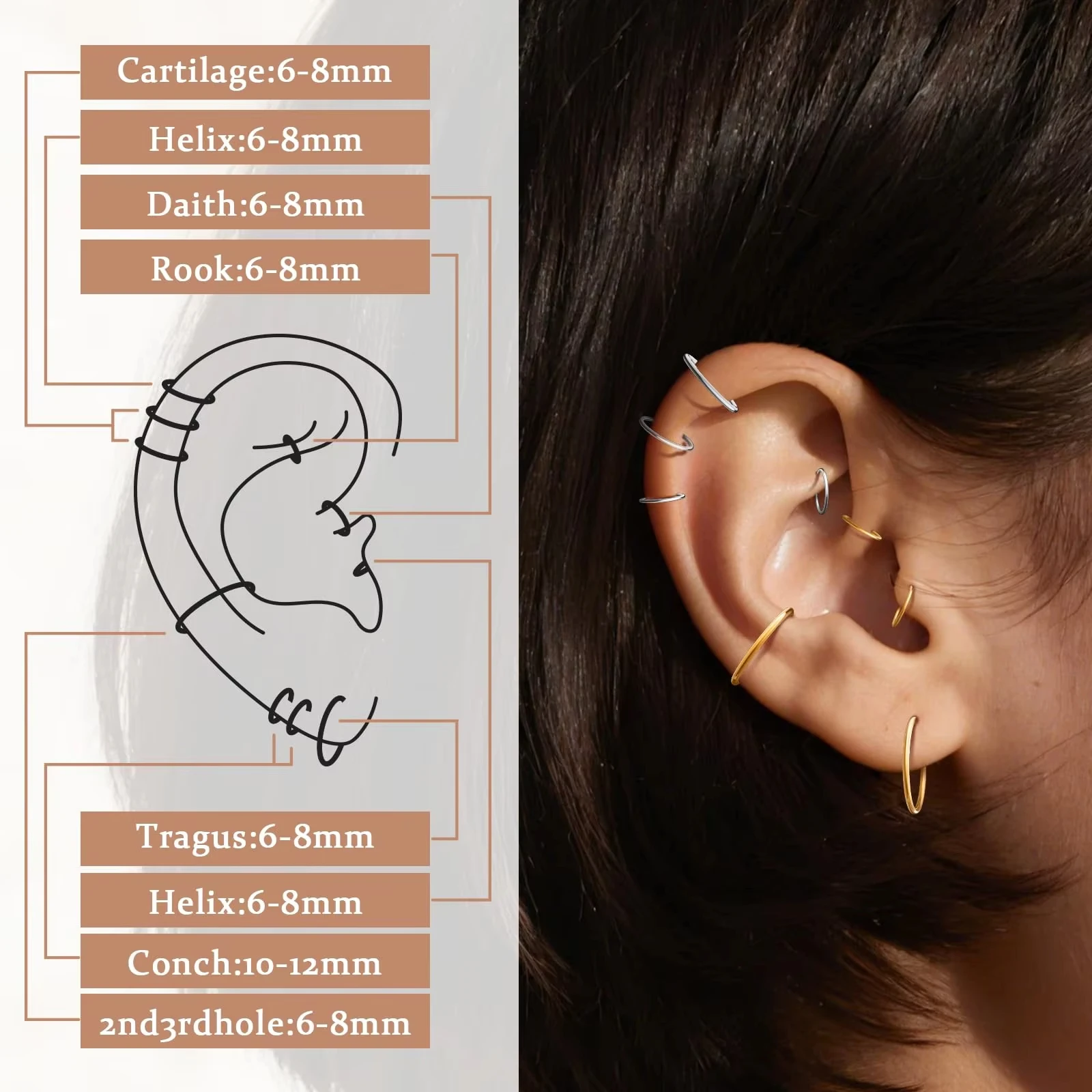 18G 316L Chirurgischer Stahl Nasenring, Knorpel-Creolen für Damen und Herren, Piercing-Schmuck 6mm/8mm/10mm/12mm – Detail 2