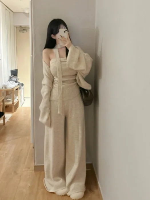 Faionable chique solto malha cardigan camisola superior com tubo superior e calças de perna larga conjunto de peça para mulher outono wear