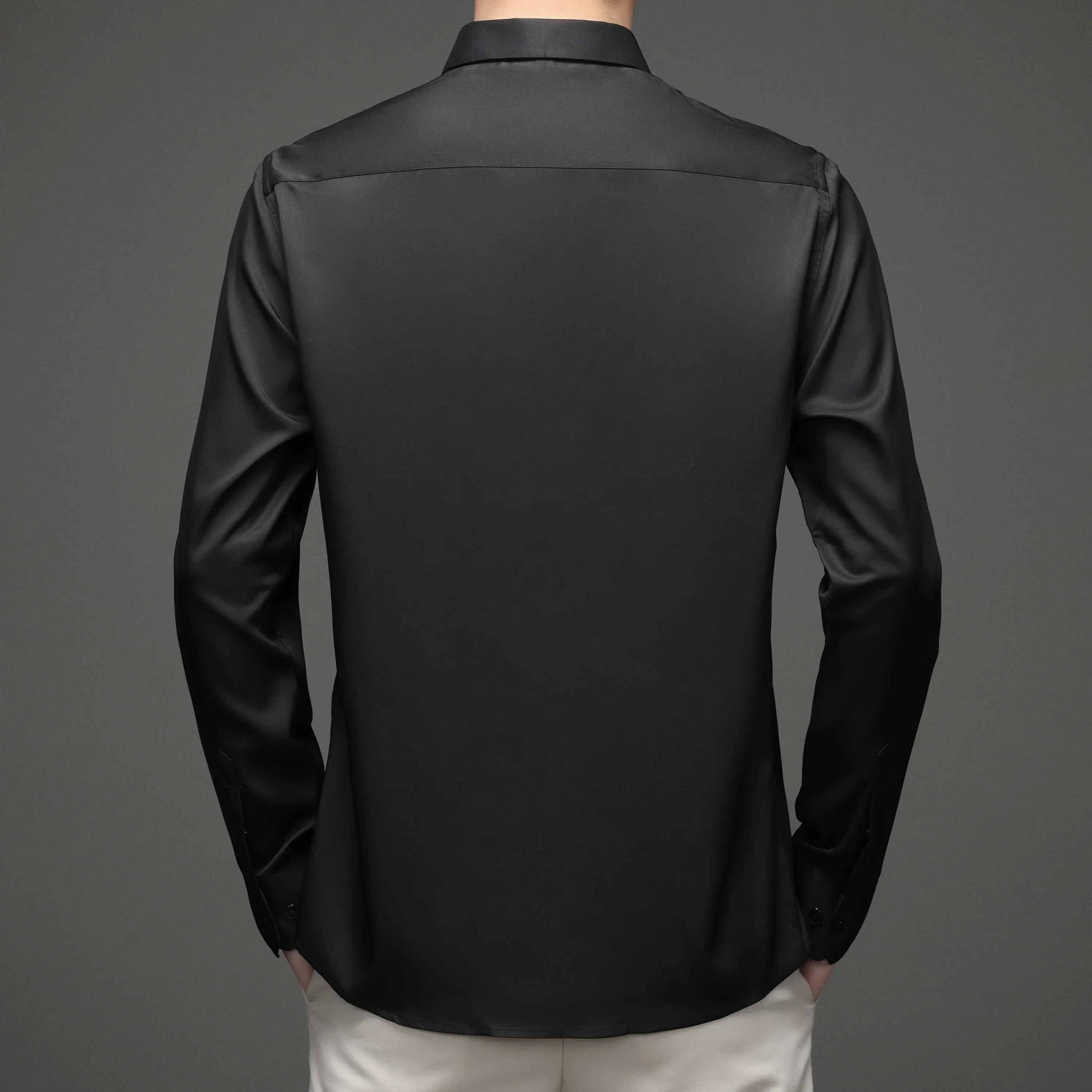 

Men's Long-sleeved Shirt Solid Color Silky Draped Cool Slim-fit Muscle Top Dress Non-ironing Stretch