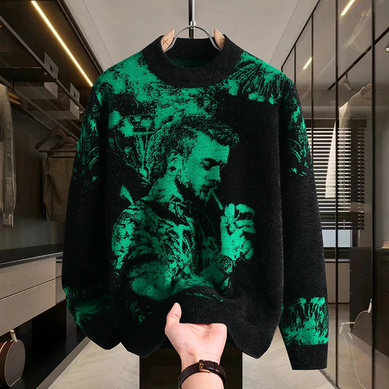 

Мужской тонкий вязаный свитер с принтом в стиле ретро для мужской основы, брендовые топы премиум-класса 2025 года, высококачественный мужской теплый свитер больших размеров