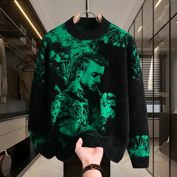 Retro Men's Printed Slim Knit Sweater for Men's Base, 2025 Brand Premium Tops, High-quality Men's Plus Size Warm Sweater