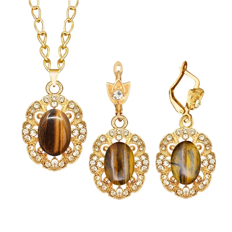 Flower Pendant Tiger Eye Jewelry Sets For Women Gold Color Crystal Natural Stone Fashion Necklace Earring Jewelry