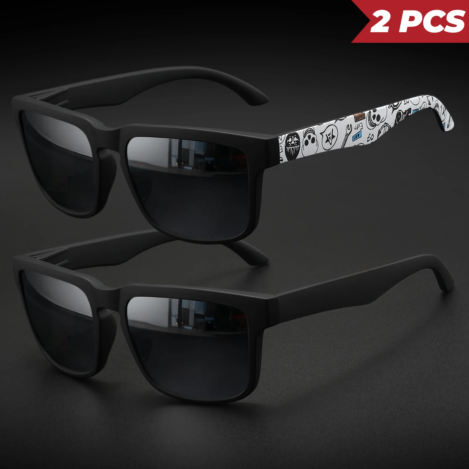 New Outdoor Square Sports Sunglasses - Patterned Temples, UV