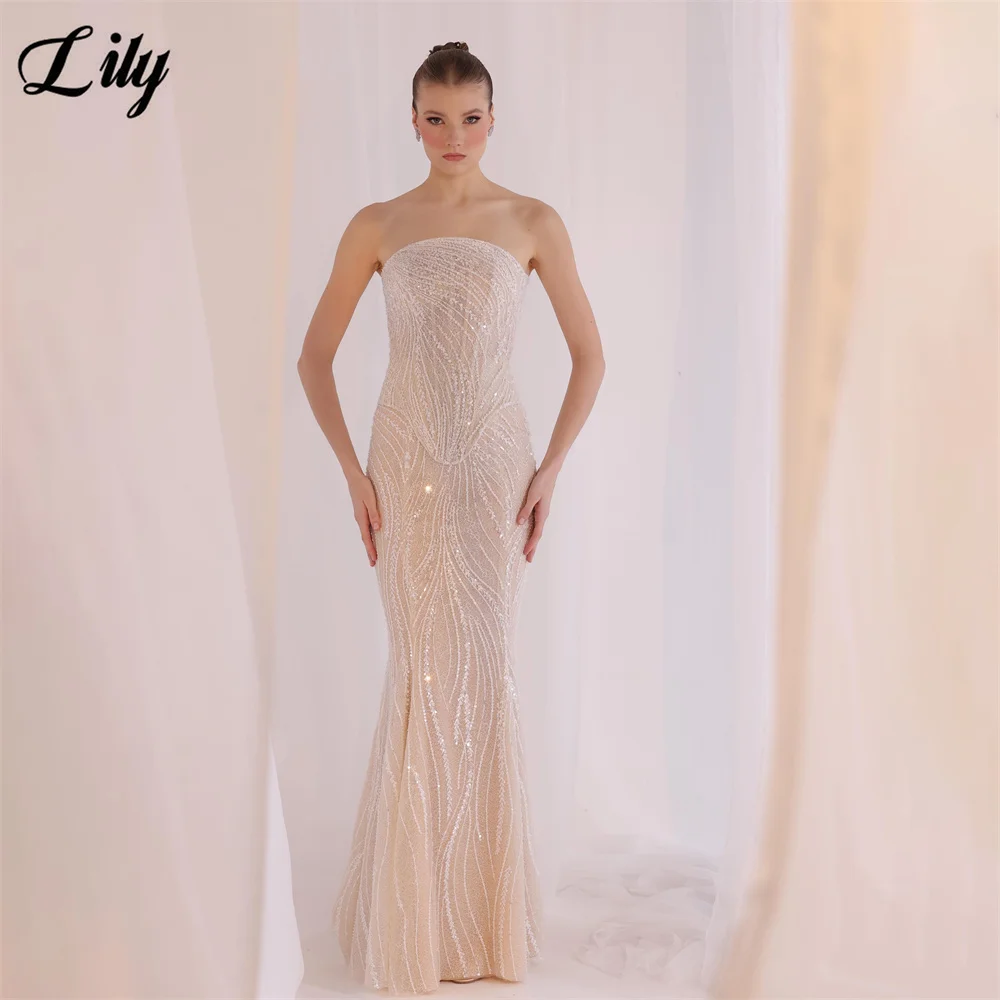 Lily Nude Evening Dress Strapless Floor Length Party Dresses Fishtail Sweep Train Prom Gowns Luxury robes du soir Customized