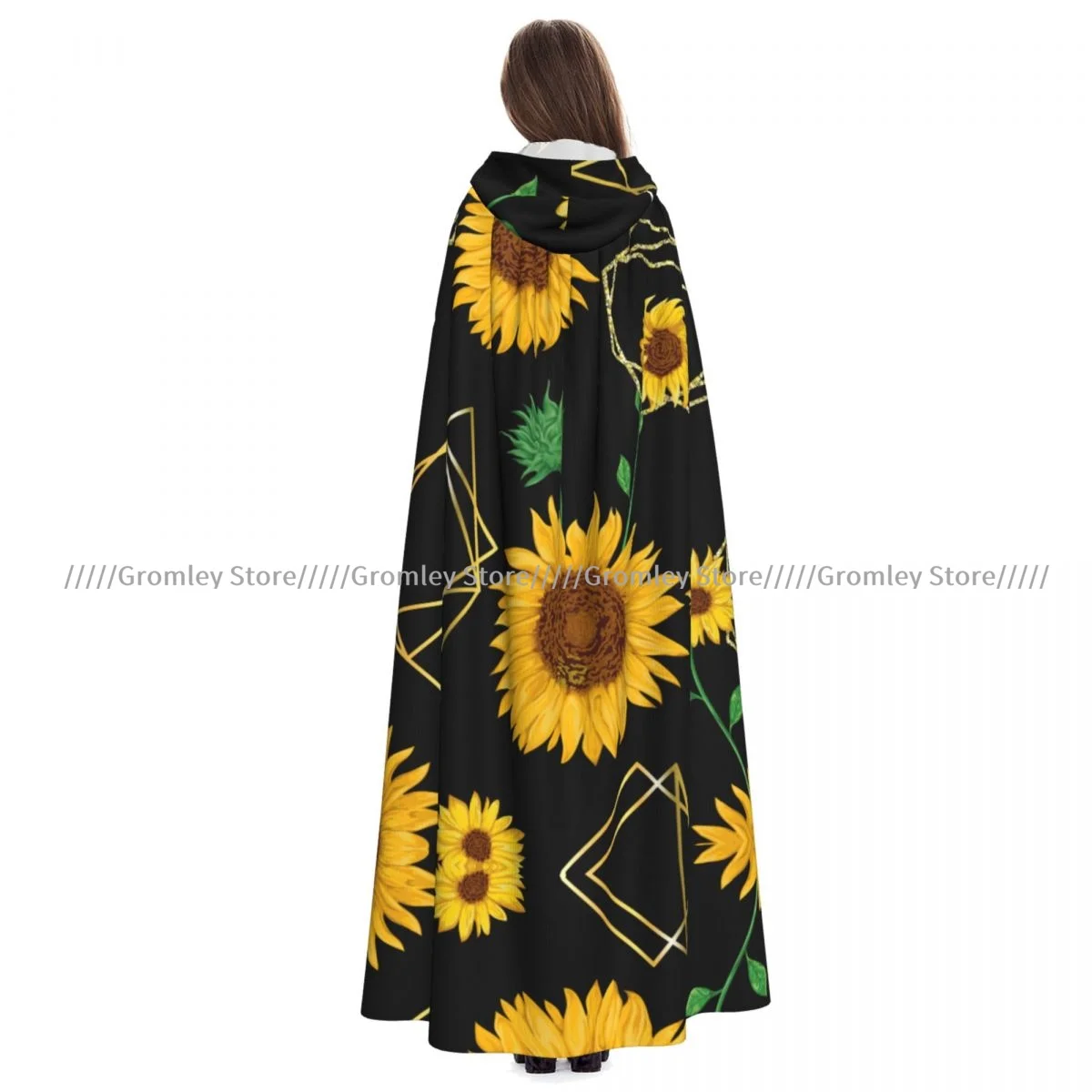 Unisex Halloween Cloak Golden Sunflowers Cape Hooded Medieval Costume Witch Wicca Vampire