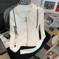 Colorblock Slim Knitted Cardigan Sweater Women 2023 Autumn New Turn-down Collar Long Sleeve Zipper Knitwear Crop Top Black White