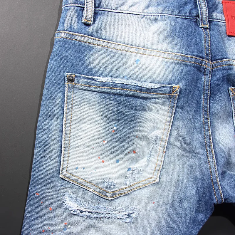 High Street Fashion Men Jeans Retro Light Blue Elastic Slim Fit Ripped Jeans Men Painted Designer Hip Hop Brand Pants Hombre