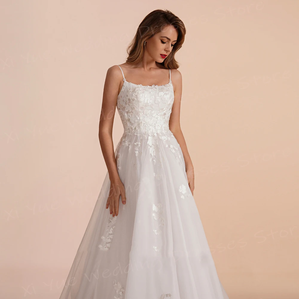 Vestidos de casamento feminino em linha, graciosos apliques de renda, vestidos de noiva, alças esparguete, sem mangas, modernos, clássicos