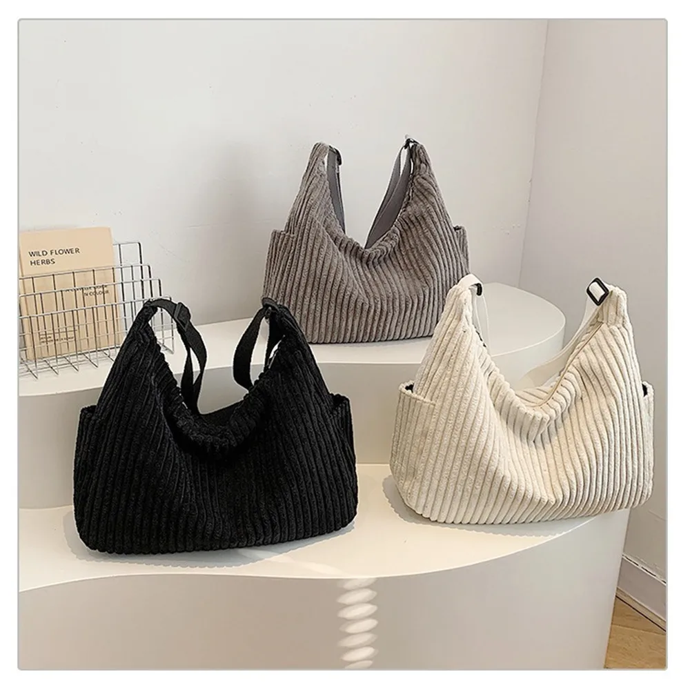 Corduroy Handbag for Women Large Capacity Simple Shoulder Tote Bag Casual Commuting Bag Versatile Strip Fashionable Stripes Bag