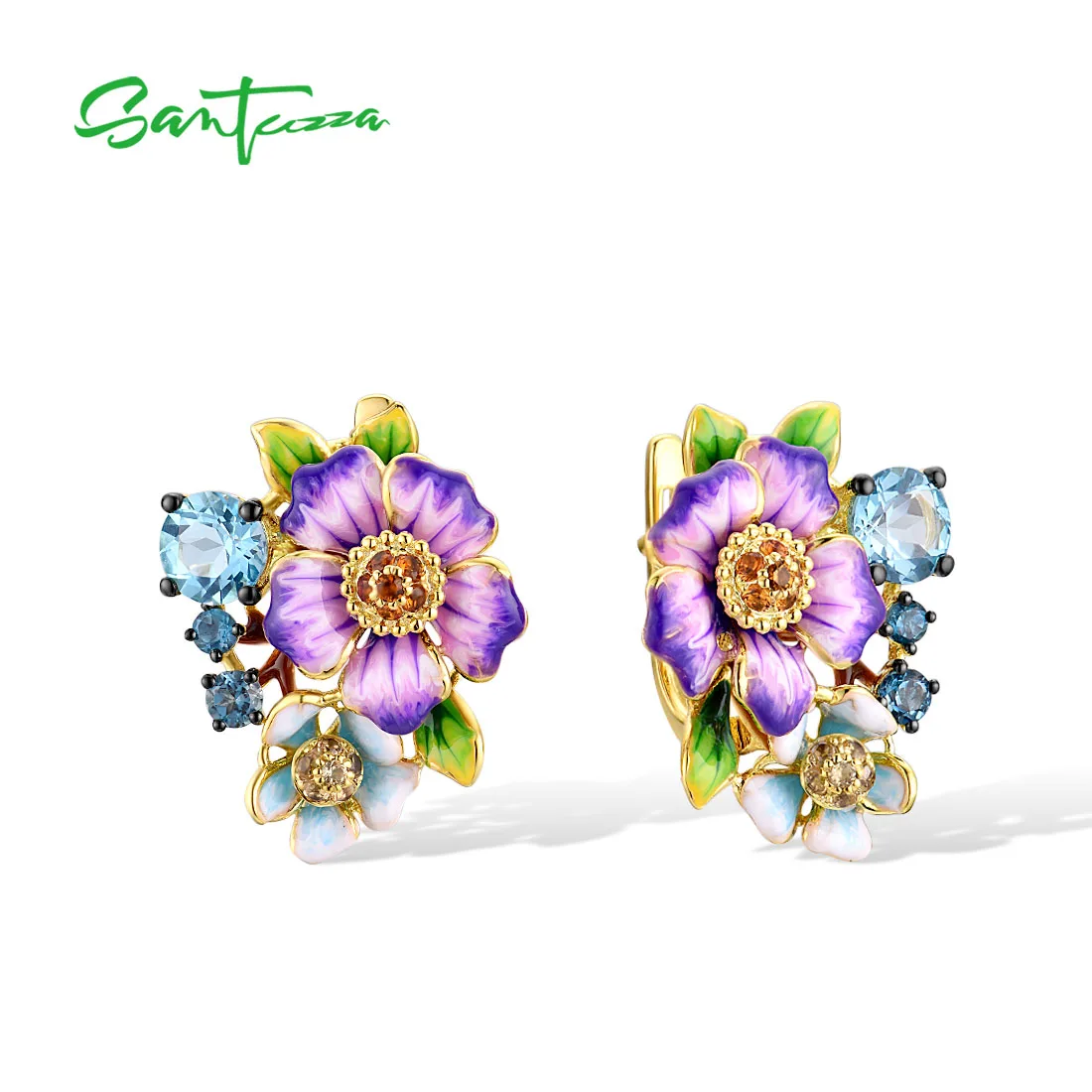 SANTUZZA Genuine 925 Sterling Silver Earrings For Women Sparkling Blue Gems Fantastic Purple Flower Birthday Gifts Fine Jewelry