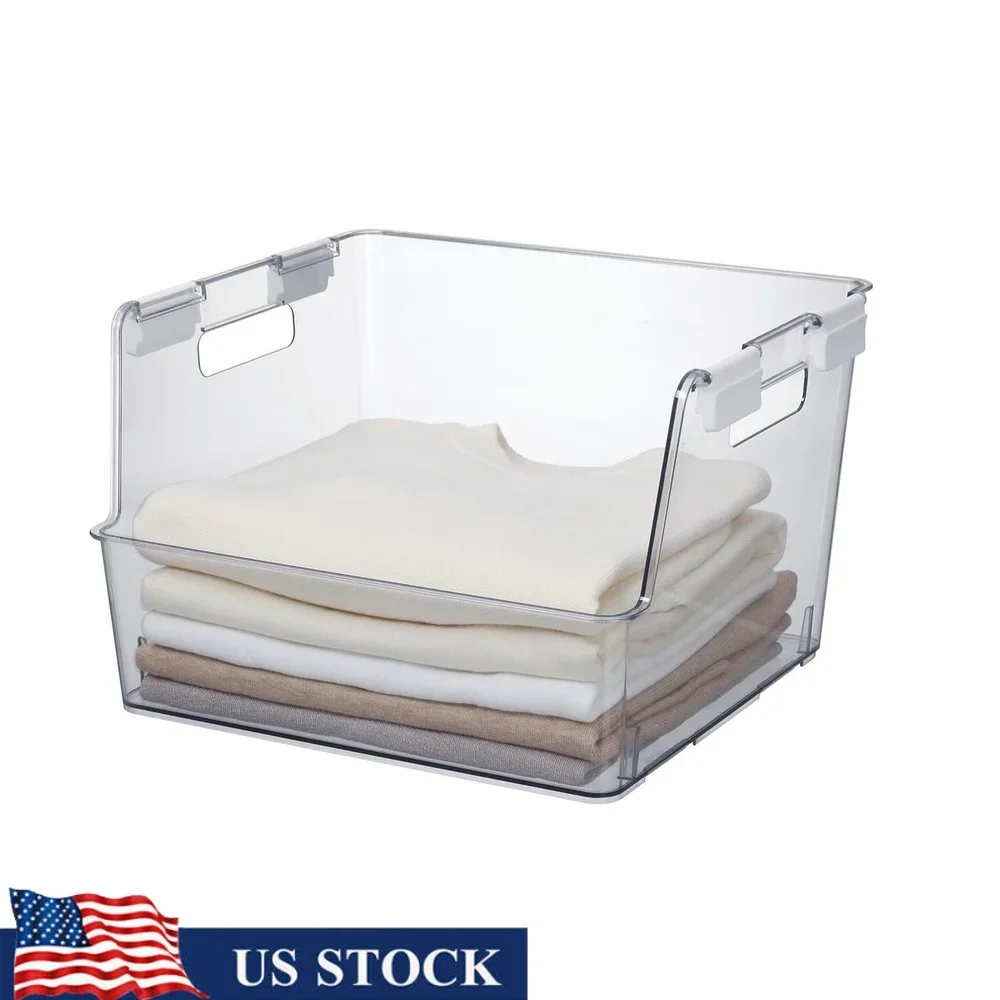 

Clear Stackable Organizer Bin with Latches Durable Plastic Storage Container Closet Accessories Sweaters Toys and More