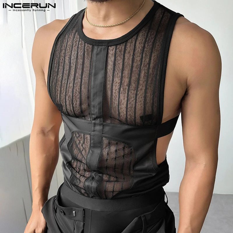 Fashion Sexy Tops INCERUN 2025 Men See-through Mesh Splicing Striped Vests Leisure Clubwear Male Thin Sleeveless Tank Tops S-5XL