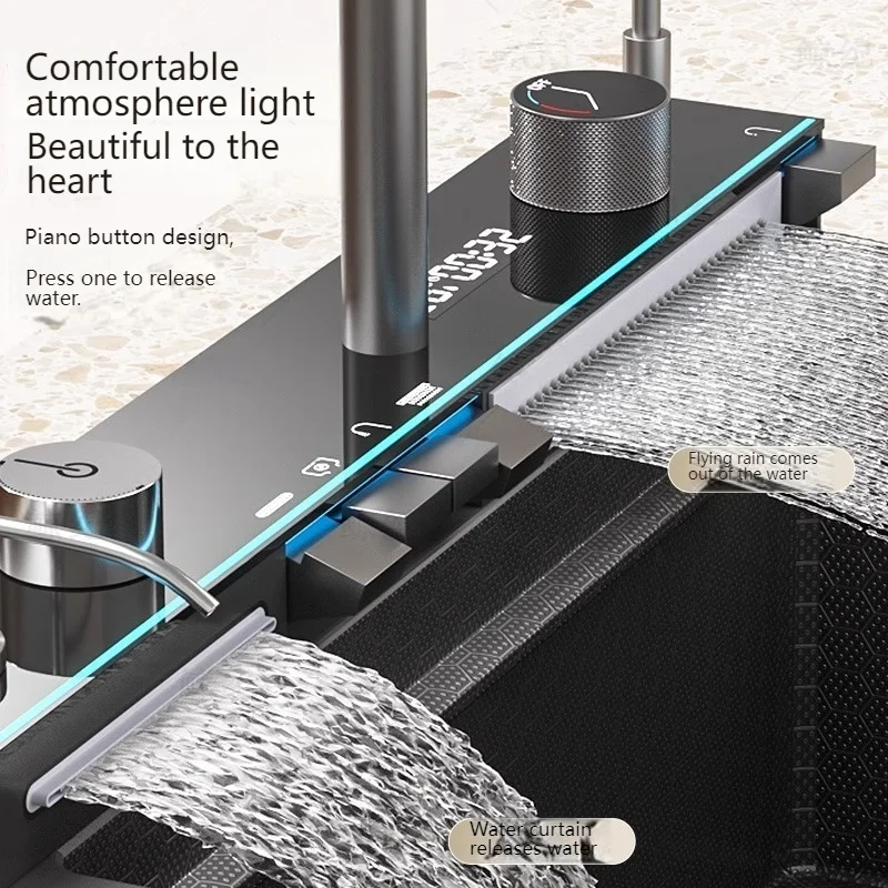 Stainless Steel Kitchen Sink Multifunction Waterfall Sinks Large Single Slot Digital Display Faucet Set Dishwashing Sinks