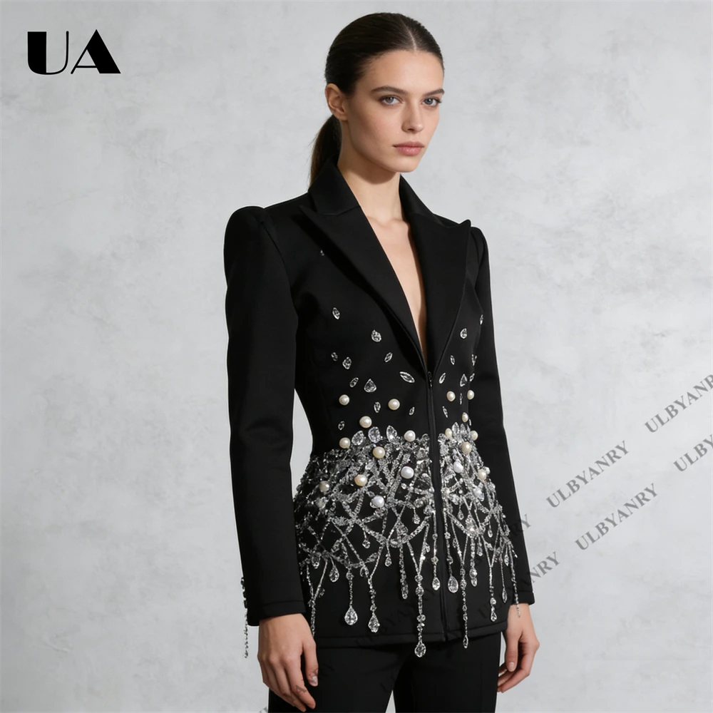 Glamorous Rhinestone Pearl Embellished Tassel Blazer Slim Fit Short Jacket with Crystal Droplets & Beaded Fringes Nightclub