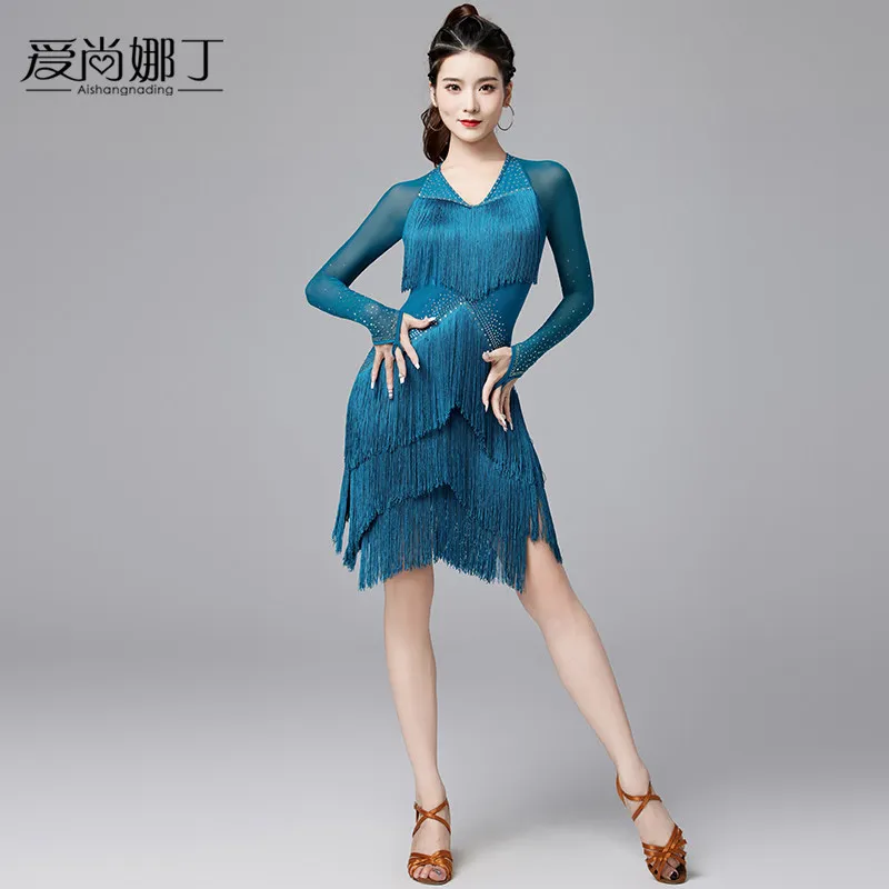 2026 Latin Dance Dress Competition Table Costume New Professional Flower Dress Hot Diamond Dance Long Sleeve Tassel Dress 7174