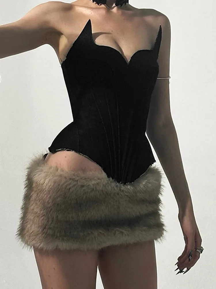 

Sexy Two Piece Womens Strapless Corset Cropped Top and Mini Faux Fur Skirts Matching Sets 2026 Spring Fashion Club Outfits