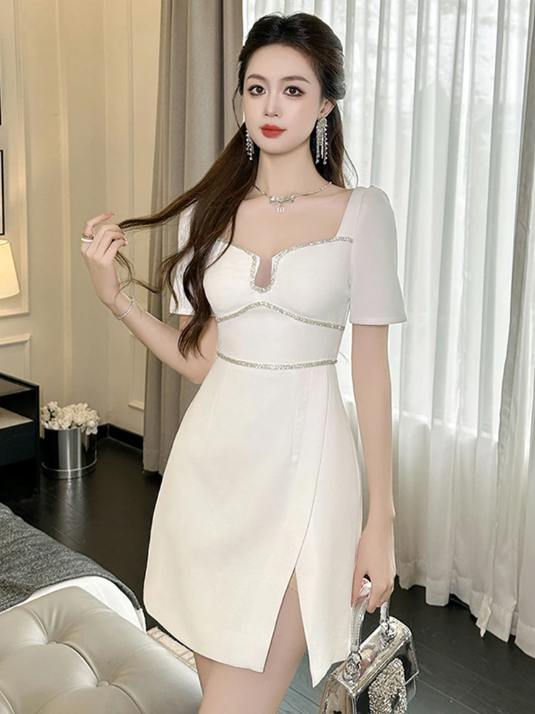 New Elegant Luxury Lady Evening Dress Women Clothes Chic Vintage Sexy Short Sleeve Slim Slit Short Party Club Birthday Vestidos