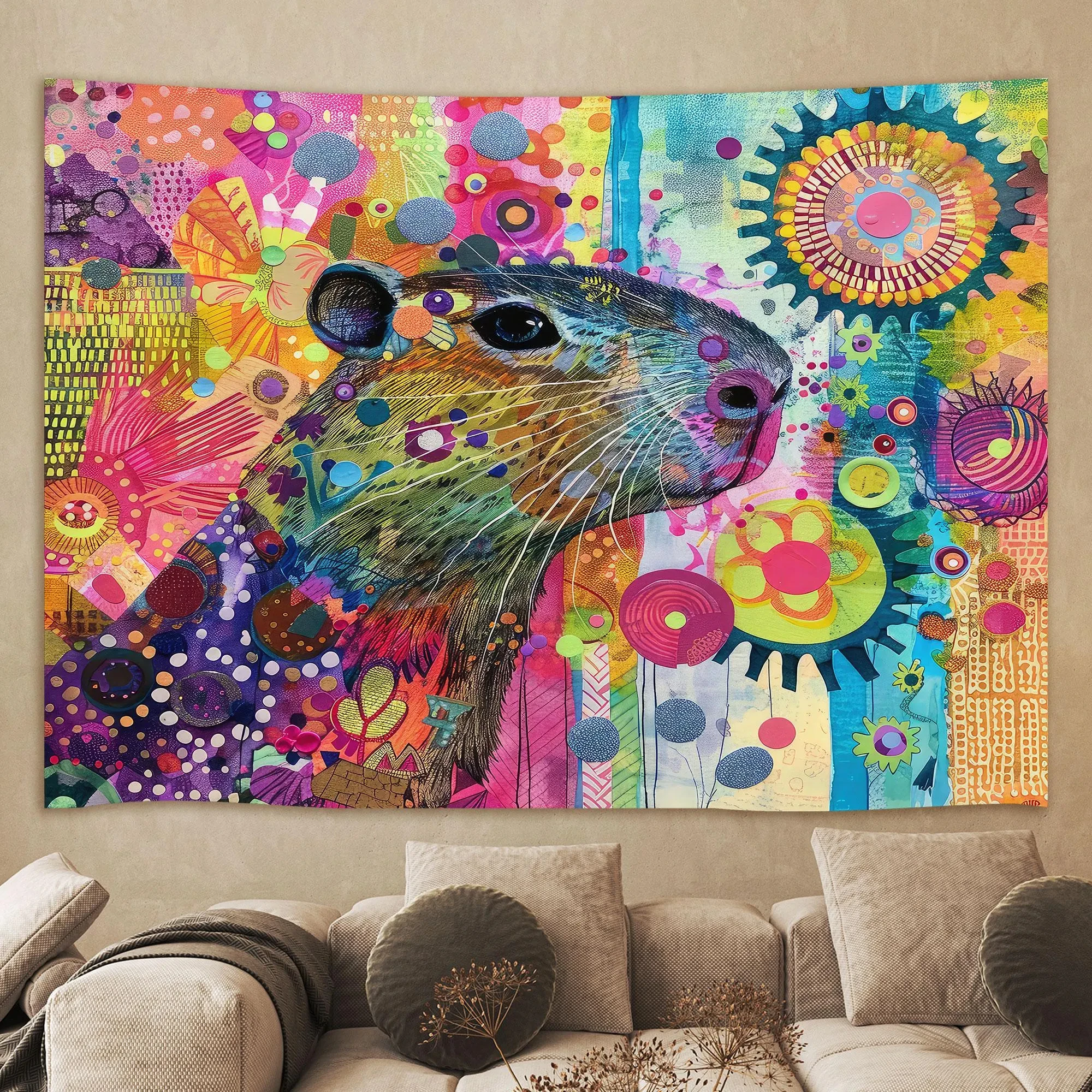 Psychedelischer Regenbogen, niedlicher Capybara-Wandteppich, Wandkunst, Dekor, lustiger Wandteppich, Wandbehang, Wandteppich, Heimdekoration für Schlafzimmer, Wohnzimmer