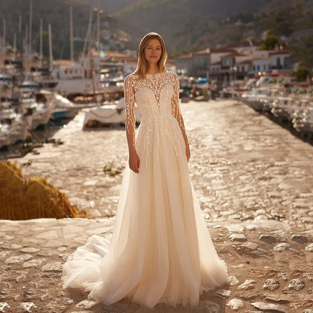 

Msikoods Wedding Dress Boho Illusion Long Sleeve Tulle a-line Bridal Dress Princess Lace Appliques Bride Wedding Gown Customized