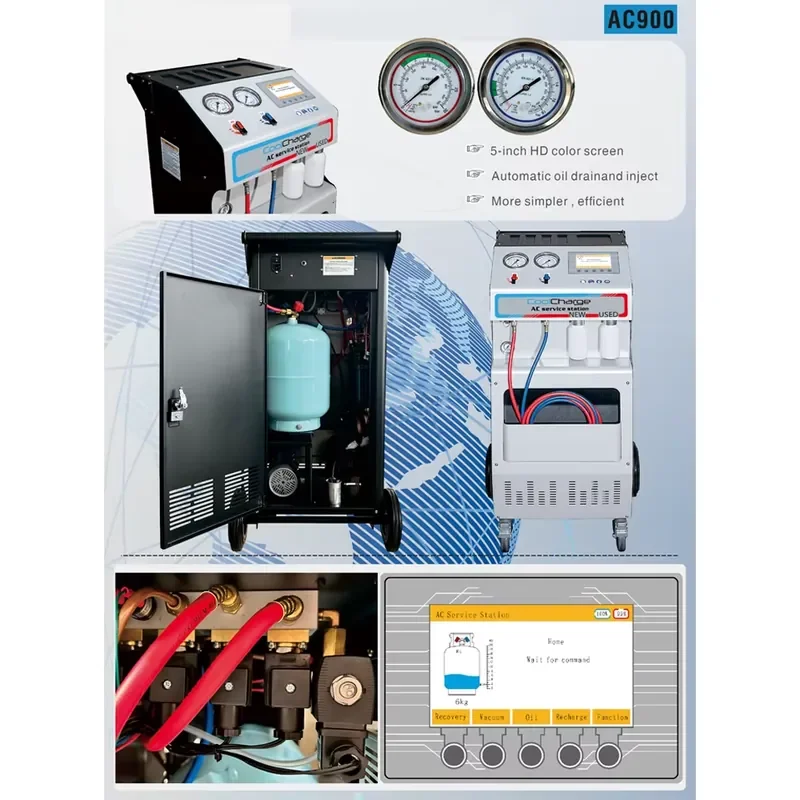 

AC900 Refrigerant Recharge and Recovery Machine for R134A R12 Automotive AC Service Station Air Conditioner