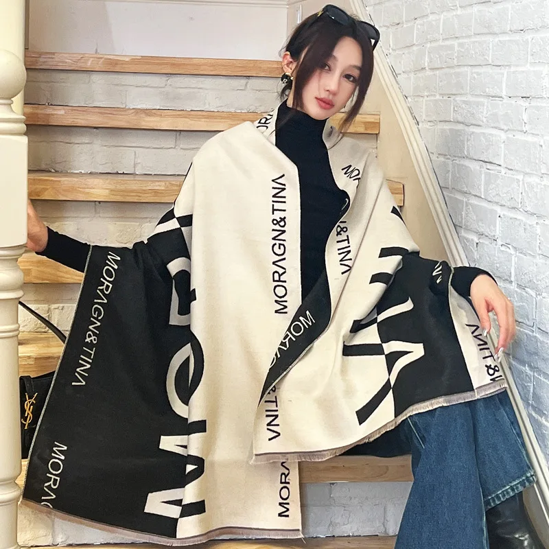 2023 Autumn/Winter New Double sided Velvet Women's Scarf Fashion Letter Thickened Warm Imitation Cashmere Overlay with Cold Cape