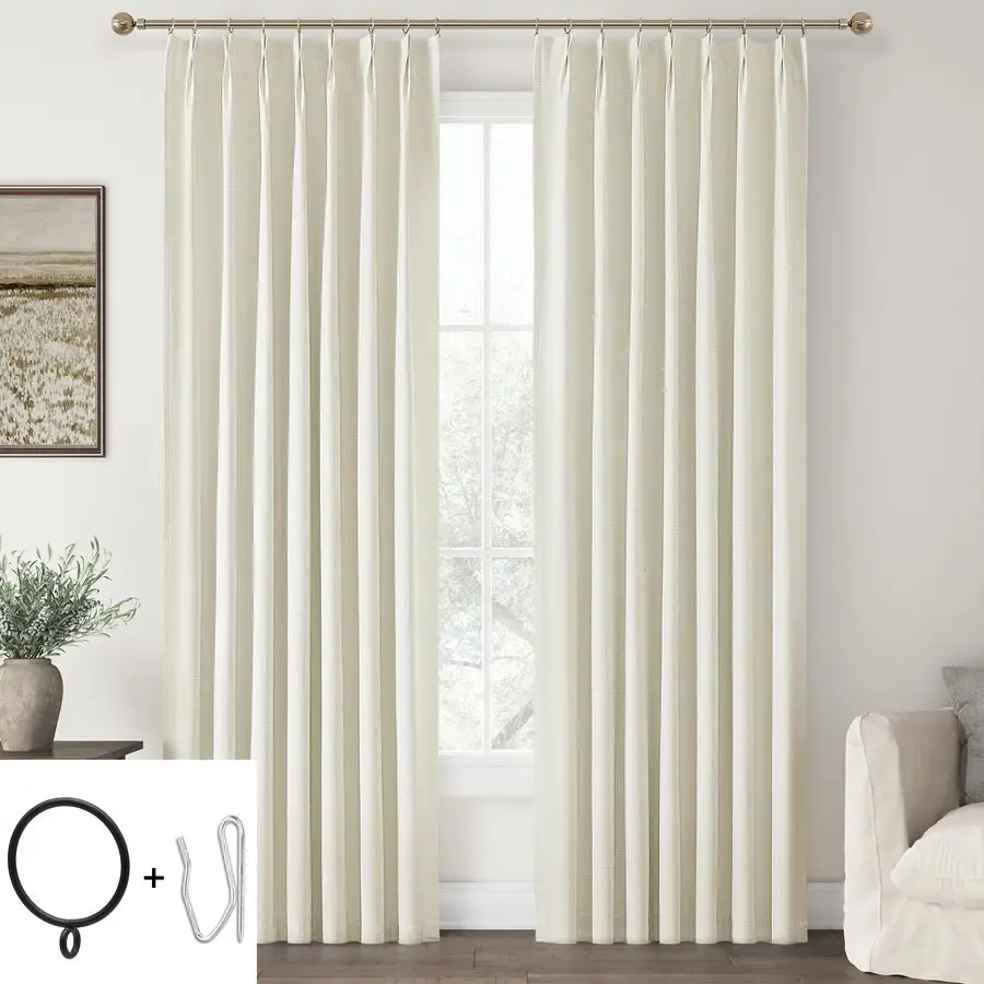 

Ivory Pinch Pleated Blackout Linen Curtains 90 inches Long 2 Panels for Living Room Bedroom Farmhouse Room darking Thermal Insul