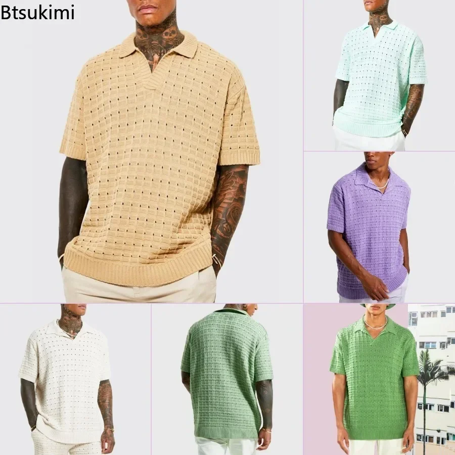 New 2024 Spring Summer Men\'s Sweater Polo Shirt Short Sleeve Business Shirt Man Solid Knitting Polo Casual Tees Tops Shirts Male