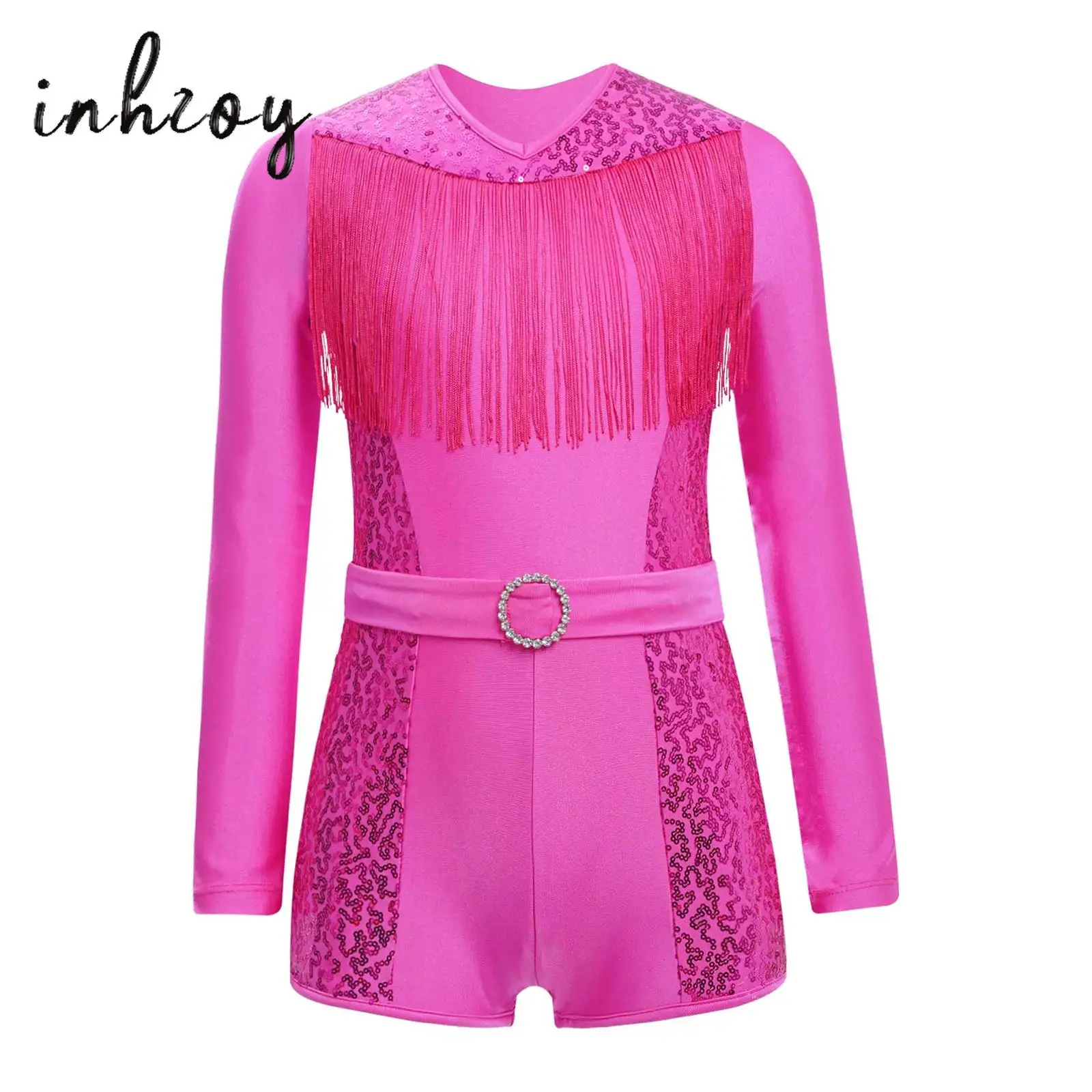 

Kids Girls Shiny Sequins Jumpsuit Latin Jazz Dance Costume Long Sleeve V-neck Tassels Leotard+Glittery Rhinestone O-Ring Belt