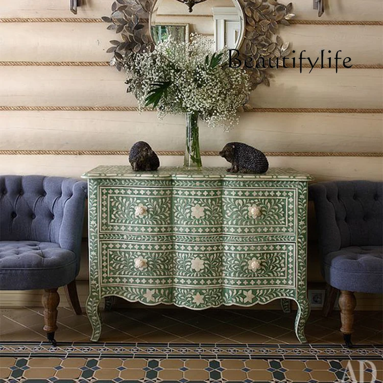 

Retro old solid wood home hand-painted entrance cabinet American light luxury modern simple French foyer decoration