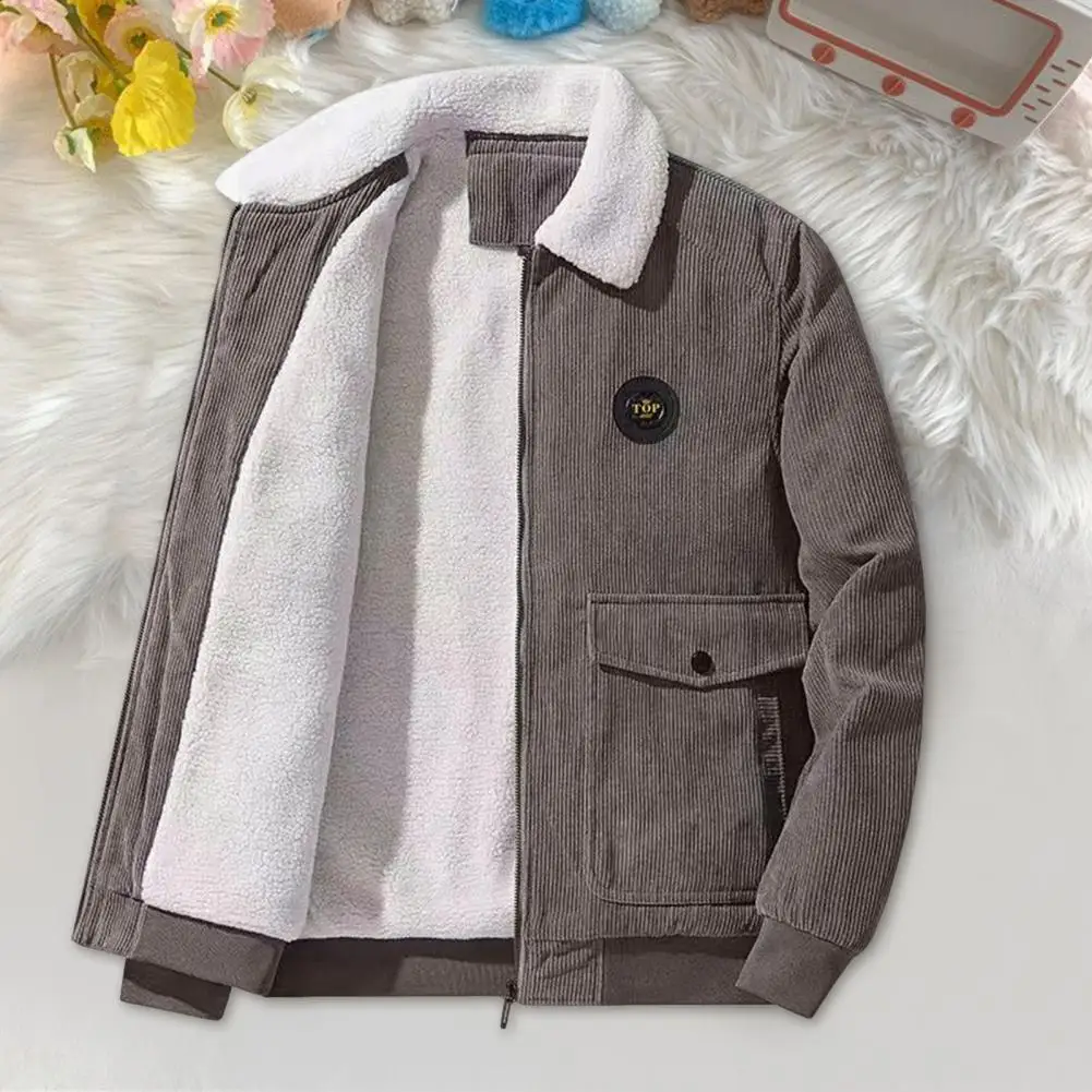 Men Corduroy Jacket Men's Corduroy Lapel Jacket with Plush Lining Full Zipper Closure Warm Winter Coat with Flap for Stylish