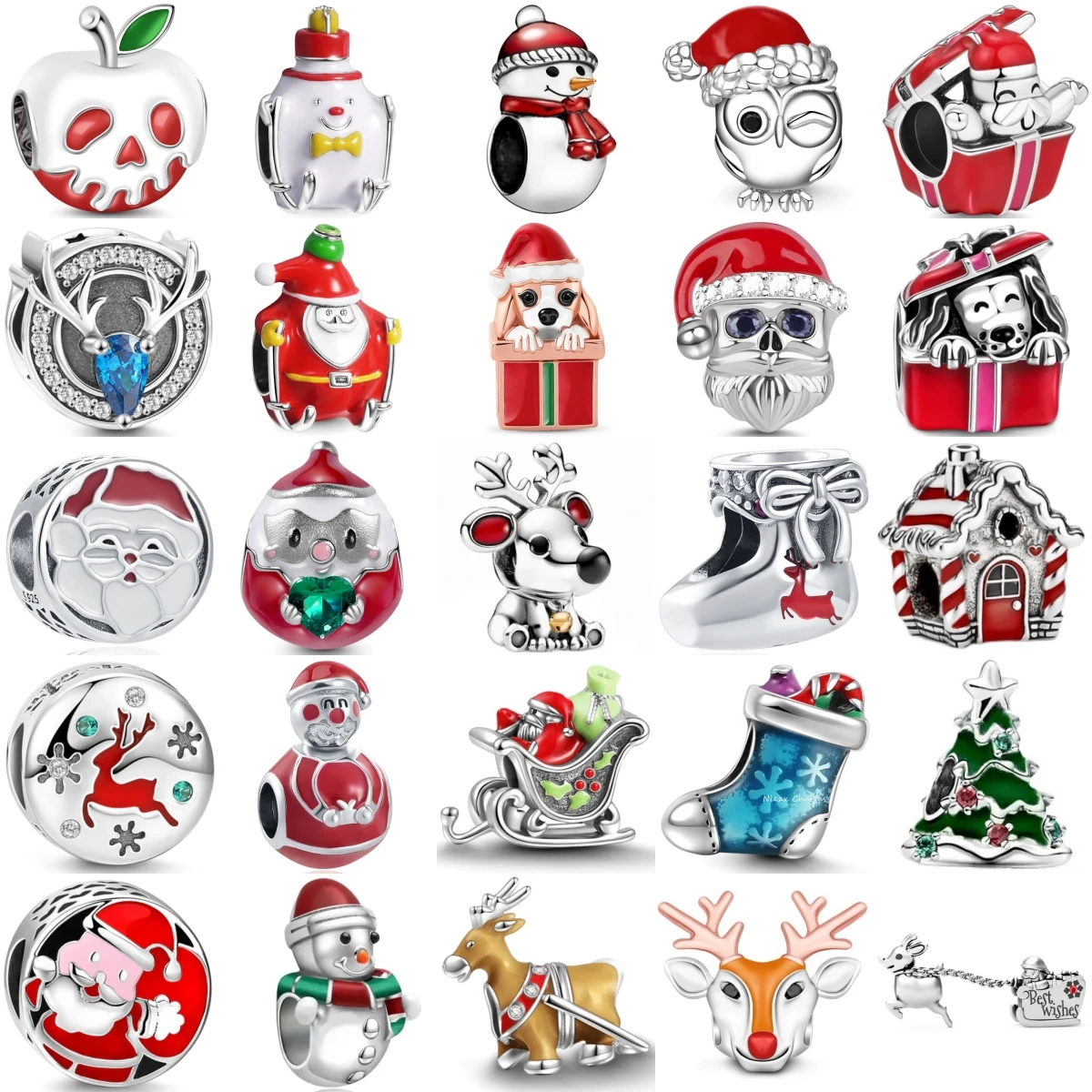 S925 Silver Xmas Beads Fit Bracelet Santa Snowman Reindeer Owl Dog House Sock Charms Women Holiday DIY Jewelry