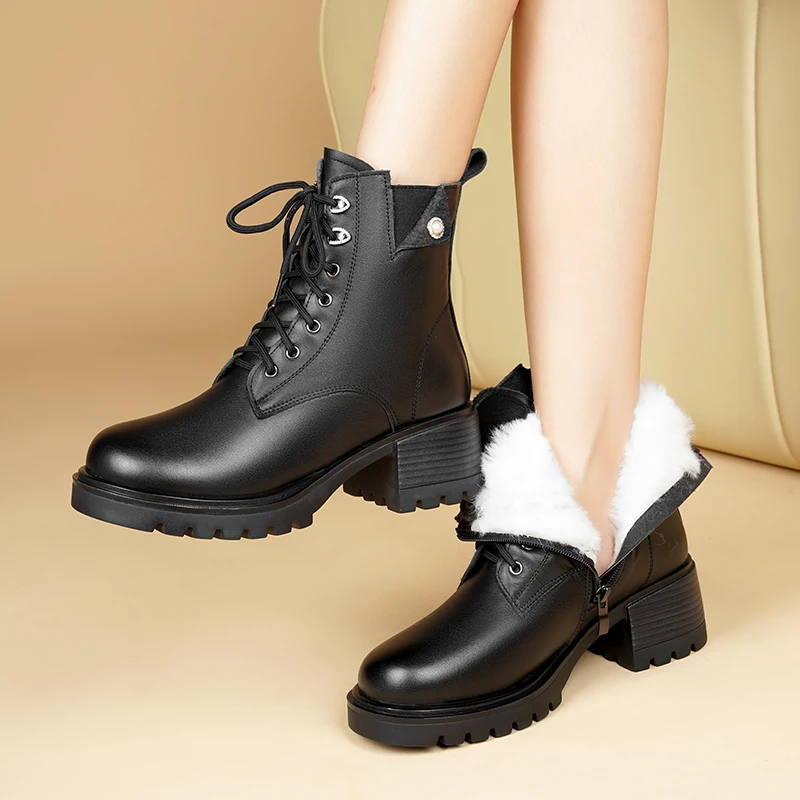 Aiyuqi botas de tornozelo feminino inverno 2024 novo couro genuíno lã natural quente mãe botas antiderrapantes tamanho grande botas de neve femininas