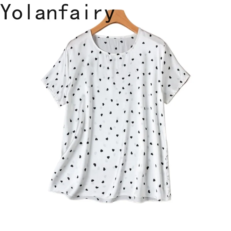 

YOLANFAIRY 100% Натуральная шелковая футболка из тутового шелкопряда для женщин, летние атласные топы 2026, модные повседневные рубашки с принтом, женская футболка