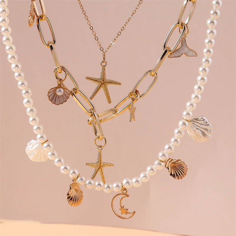 Fashion Muti-layers Imitation Pearl Necklaces for Women Summer Beach Starfish Shell Pendant Necklace Girls Vacation Jewelry Gift