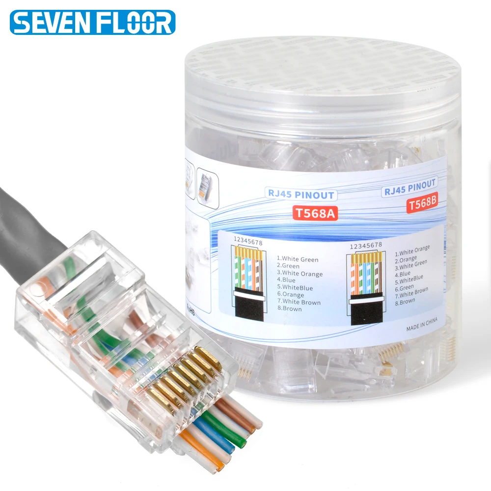 100PCS RJ45 Cat6 Pass Through Connector RJ45 Modular Plugs 1.1mm Hole for Solid or Stranded UTP Cable