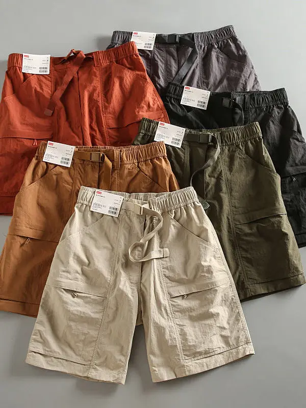 

Men's Summer Casual Sports Short Pants Breathable Quick Dry Middle Waist Workwear Style Belted Multi Pocket Straight Leg Shorts