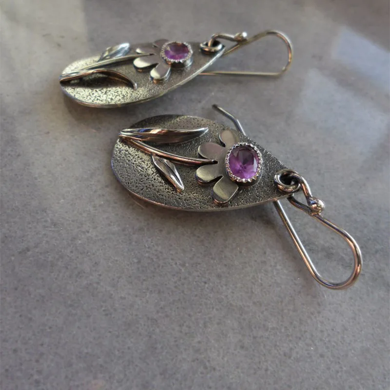 

New Water Drop Carved Vintage Earrings National Style Wrapped amethyst Jewelry