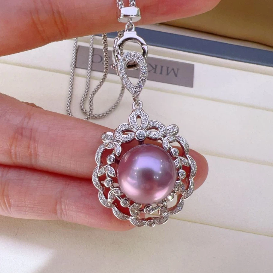 

MeiBaPJ DIY 925 Silver Holder 11mm Purple Natural Round Pearl Fashion Flower Pendant Necklace Fine Wedding Jewelry for Women