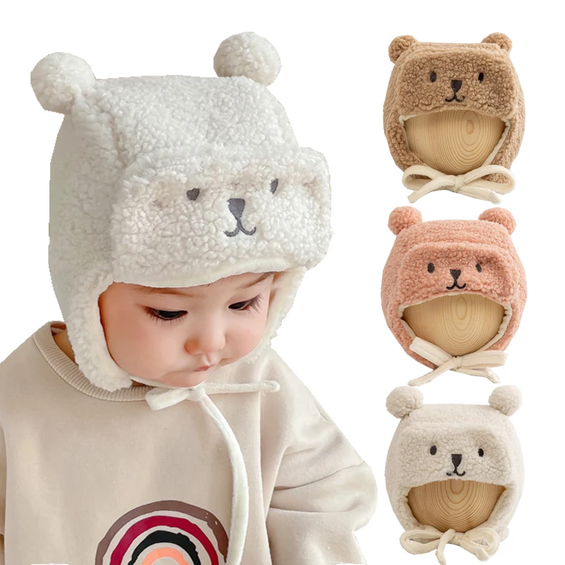 Bear Winter Baby Bonnet Newborn Hat with Earflap Thick Warm Lamb Wool Toddler Hats Infant Beanie Baby Girl Boy Cap 0-12M