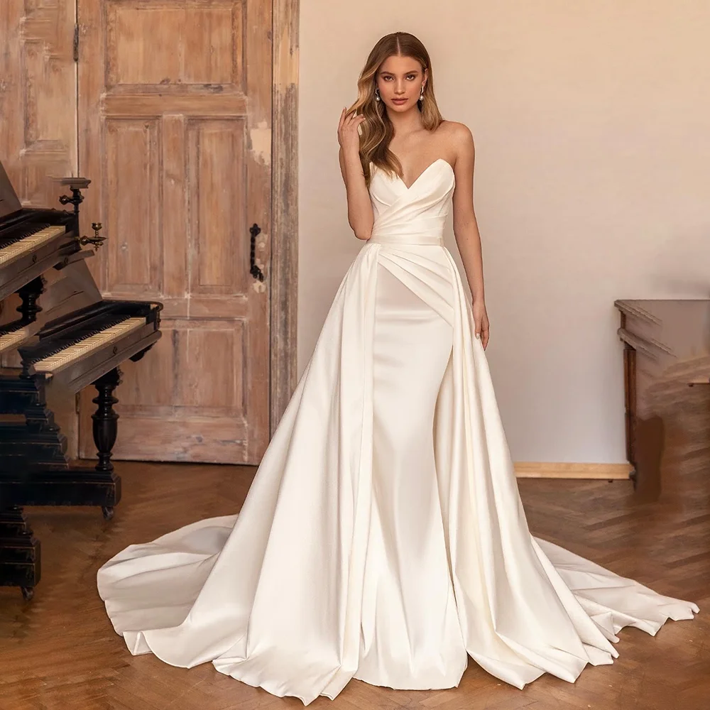 

ZIBUYU 2025 Floor LengthRuched Satin Mermaid Strapless Sweetheart Neckline Bridal Dress Detachable Train Wedding Gown Customized